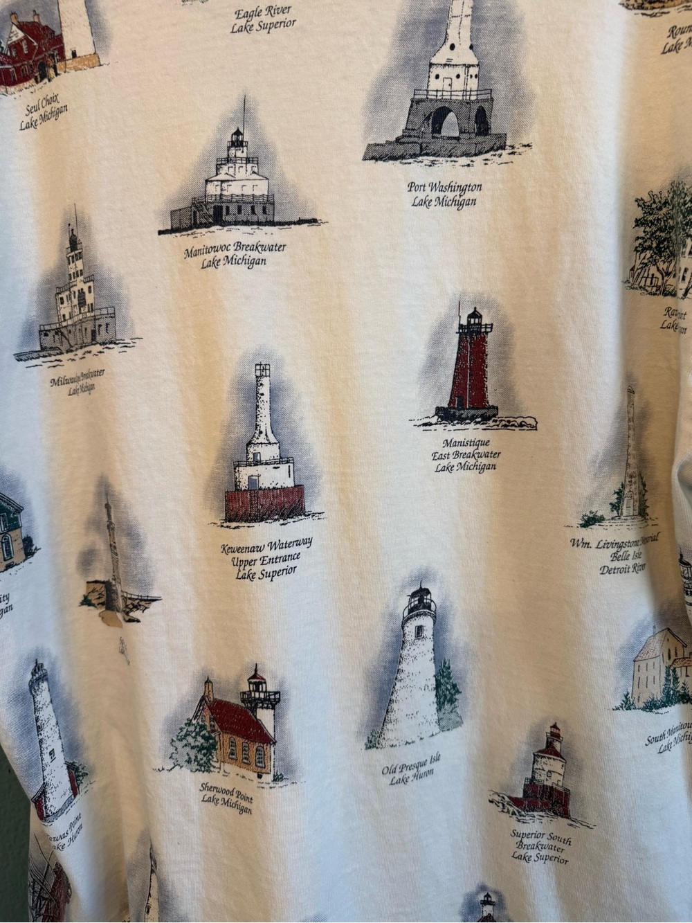 Vintage 90s Art Unlimited Great Lakes Lighthouse AOP Tee XL USA Nautical Beach - Picture 5 of 8